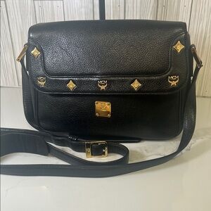 MCM Black Leather Crossbody Bag  with Gold Details